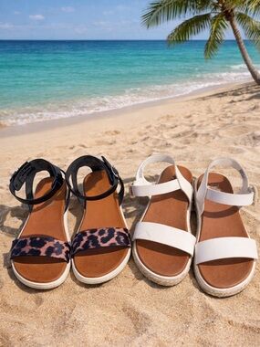 Kids White and Black Leopard Strap Sandals